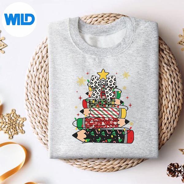 Teacher Christmas Tree Lights Pencil Leopard Print Cute Bow SVG PNG Digital Design 2 Teacher Christmas Tree Lights Pencil Leopard Print Cute Bow SVG PNG Digital Design - Image 2