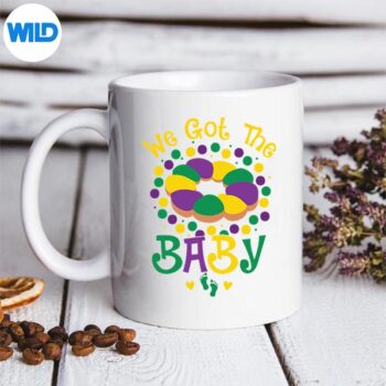 WeGotTheBabyPregnancyAnnouncementMardiGrasmug