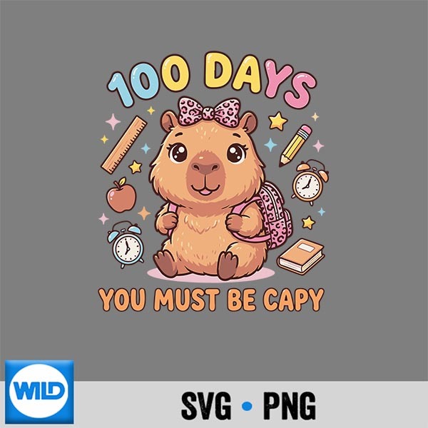 100 Days Of School Girls Capybara With Leopard Bow Digital Design 1 100 Days Of School Girls Capybara With Leopard Bow Digital Design