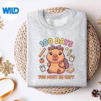 100 Days Of School Girls Capybara With Leopard Bow Digital Design 4 100DaysOfSchoolGirlsCapybaraWithLeopardBowsweater