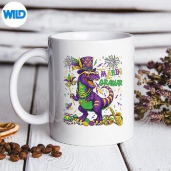 MardiGrawrTrexDinoMardiGrasDinosaurBeadsmug