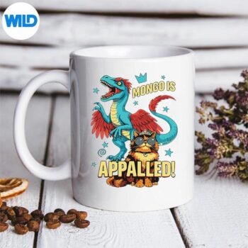 RetroMongoIsAppalledPrincessCatRidingDinosaurmug 1