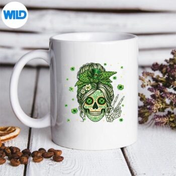 SugarSkullMessyBunLeopardShamrockStPatricksmug