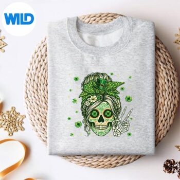 SugarSkullMessyBunLeopardShamrockStPatrickssweater