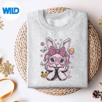 Cute Bunny Rabbit Face Leopard Coquette Bow Easter Girl Vector Design 4 CuteBunnyRabbitFaceLeopardCoquetteBowEasterGirlsweater
