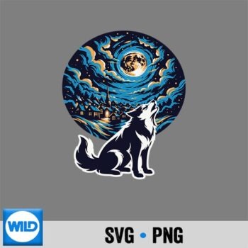 Howling Husky Moonlight Village Vintage SVG PNG Cut File