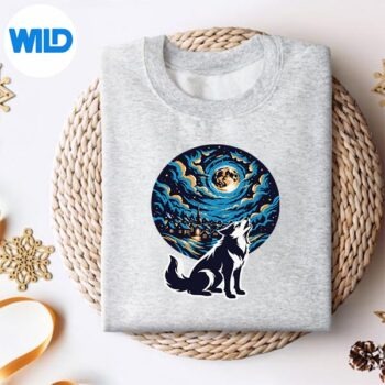 Alternative view of Howling Husky Moonlight Village Vintage SVG PNG Cut File