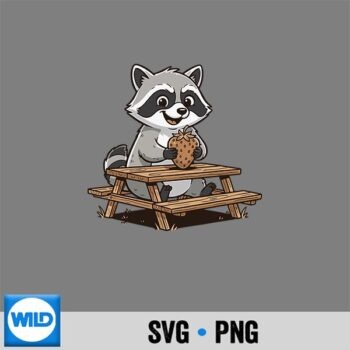 Kawaii Raccoon Eating Strawberry At Picnic Table SVG PNG Cut File