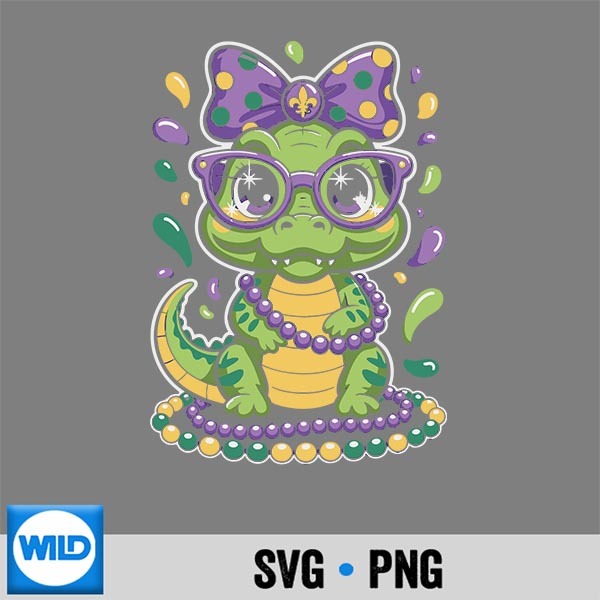 Mardi Gras Alligator Beads Bow Silhouette SVG PNG Cut File 1 Mardi Gras Alligator Beads Bow Silhouette SVG PNG Cut File