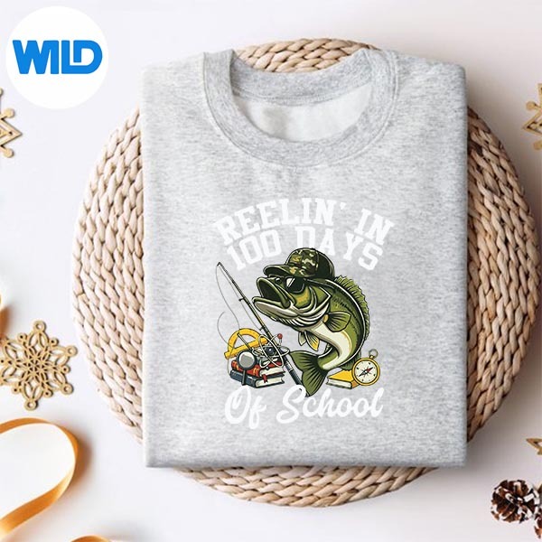 Reelin In 100 Days Of School Bass Camo Fishing Vector Design 2 Reelin In 100 Days Of School Bass Camo Fishing Vector Design - Image 2