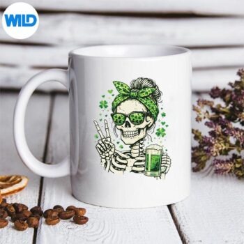 SkullSunglassMessyBunIrishStPatricksDaymug