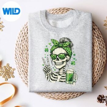 SkullSunglassMessyBunIrishStPatricksDaysweater