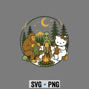 Hello Kitty Knitting, Hello Kitty Bigfoot Alien Campfire Knitting Friends Retro Knit SVG PNG